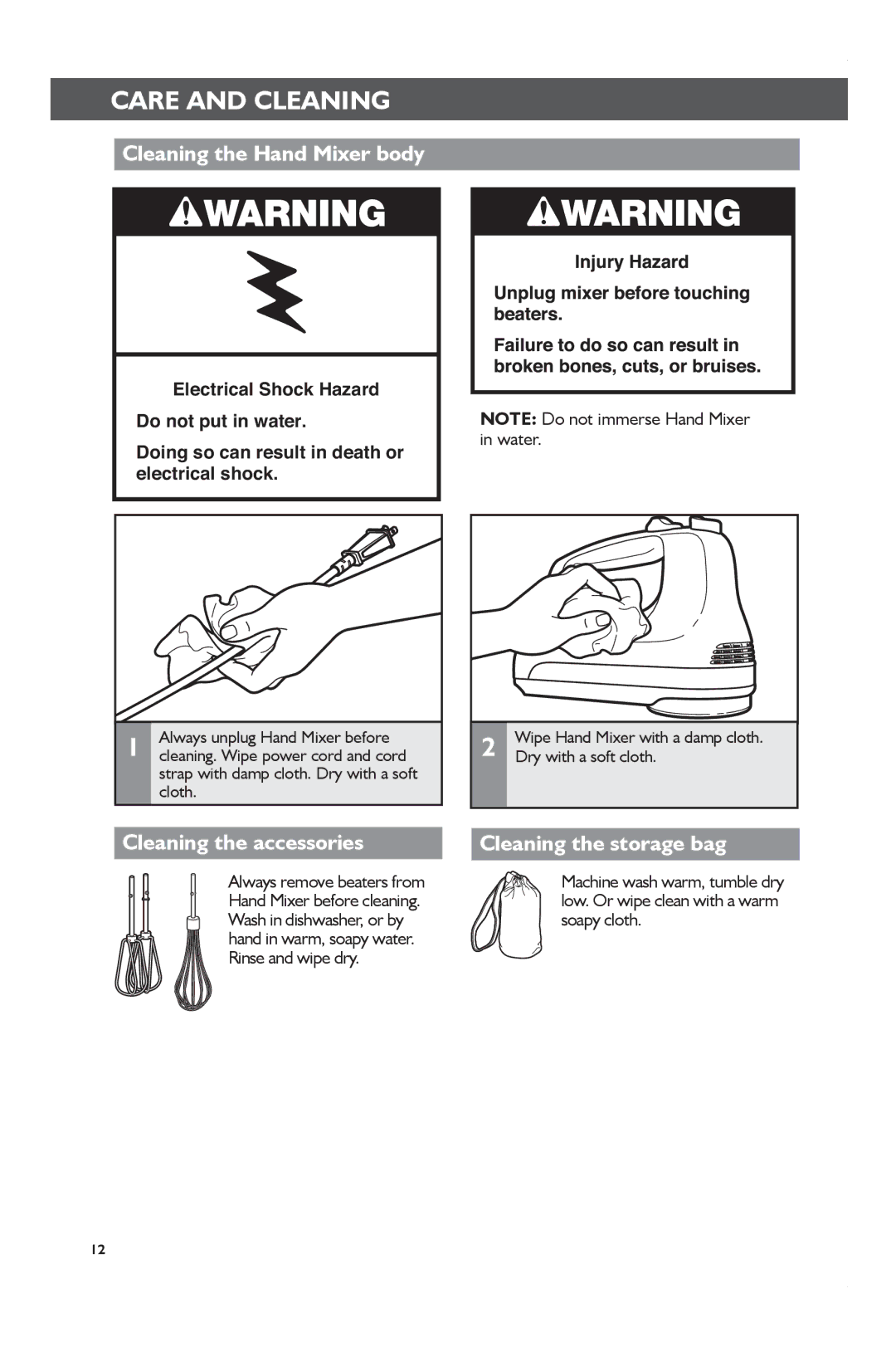 KitchenAid KHM51 manual Care and Cleaning, Cleaning the Hand Mixer body, Cleaning the accessories, Cleaning the storage bag 