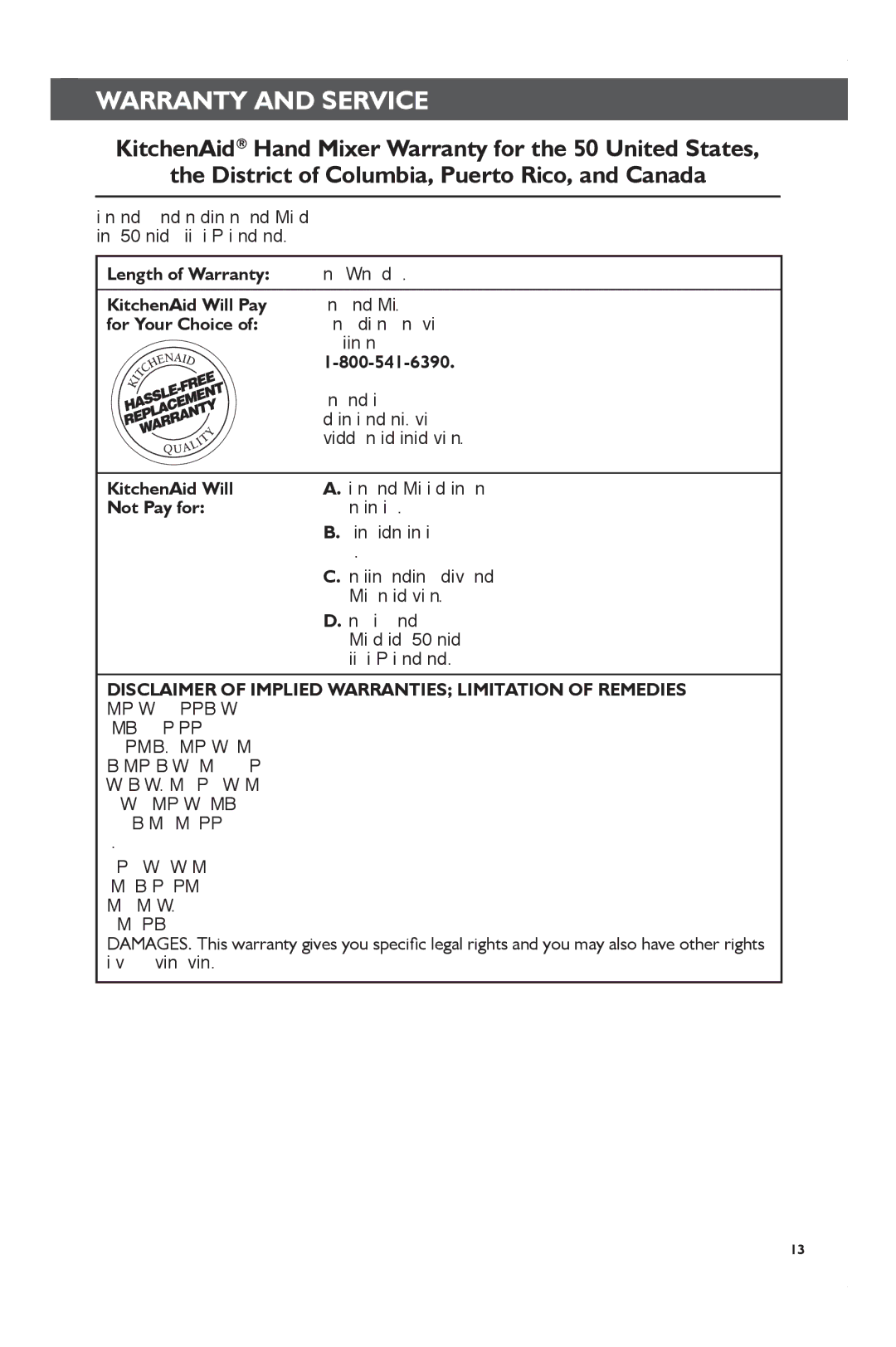 KitchenAid KHM31, KHM51, KHM61 manual Warranty and Service 