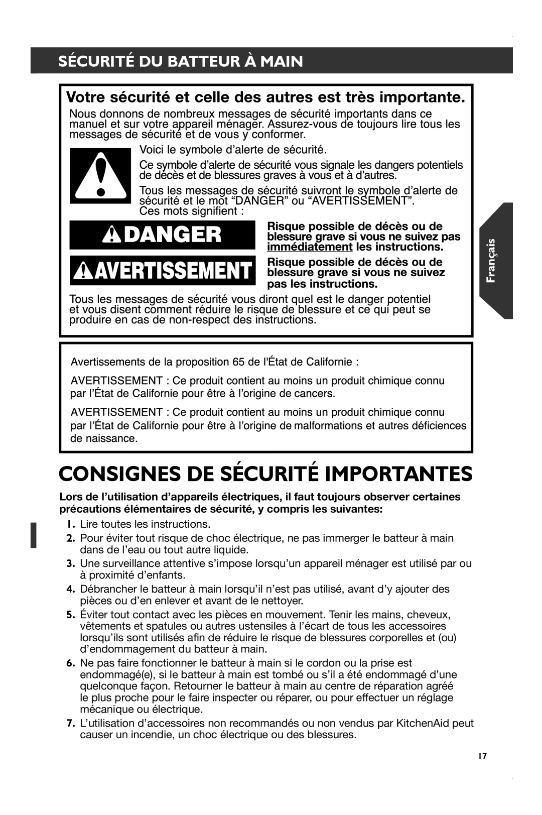 KitchenAid KHM61, KHM51, KHM31 manual Consignes DE Sécurité Importantes, Sécurité DU Batteur À Main 