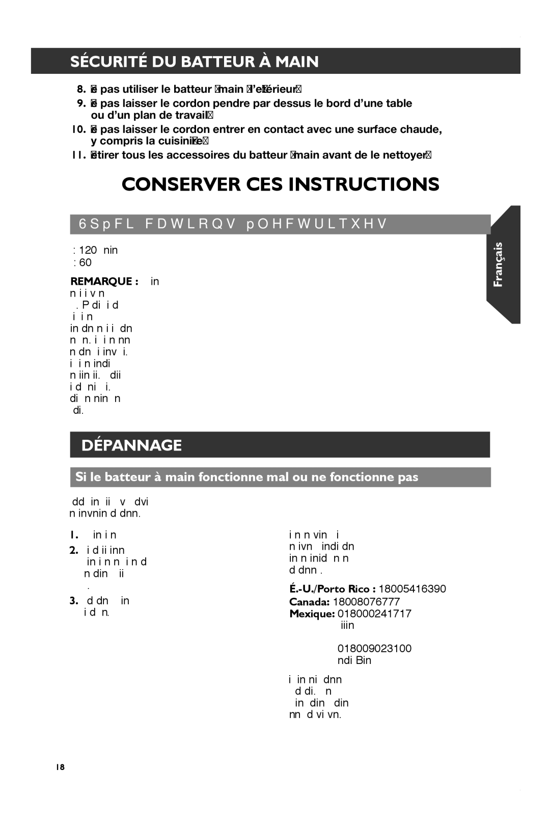 KitchenAid KHM51, KHM31 Dépannage, Spécifications électriques, Si le batteur à main fonctionne mal ou ne fonctionne pas 