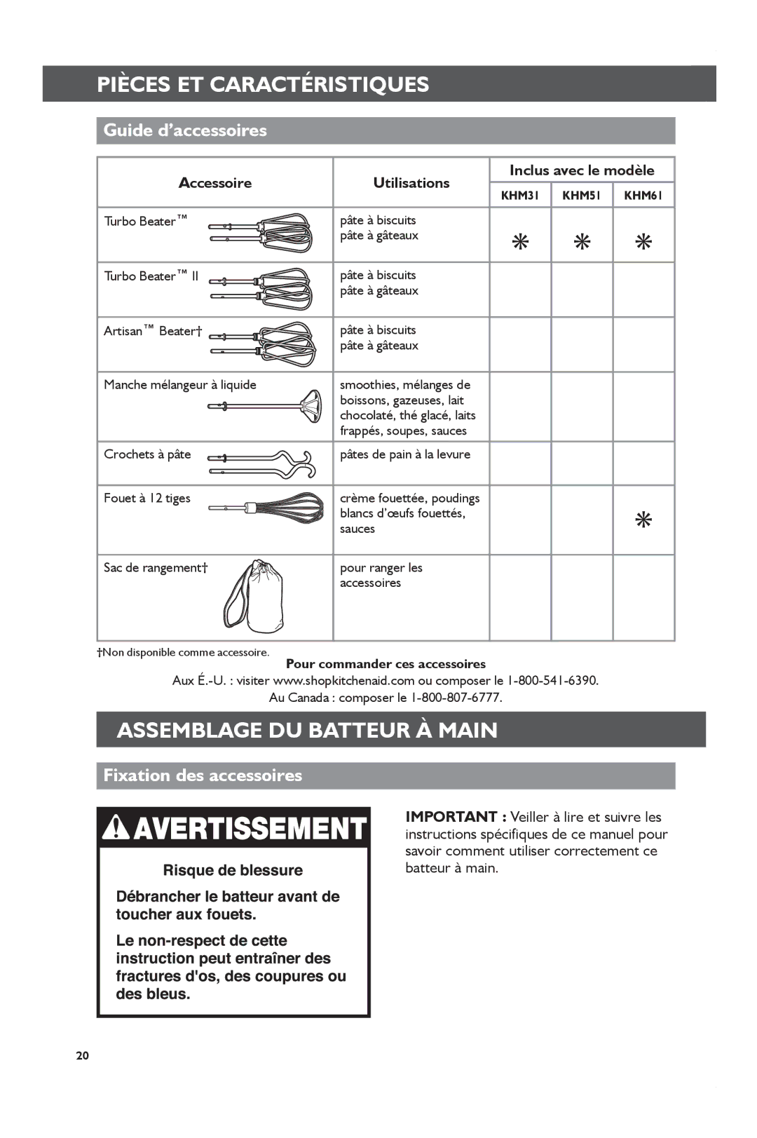 KitchenAid KHM61 Assemblage DU Batteur À Main, Fixation des accessoires, Accessoire Utilisations, Au Canada composer le 