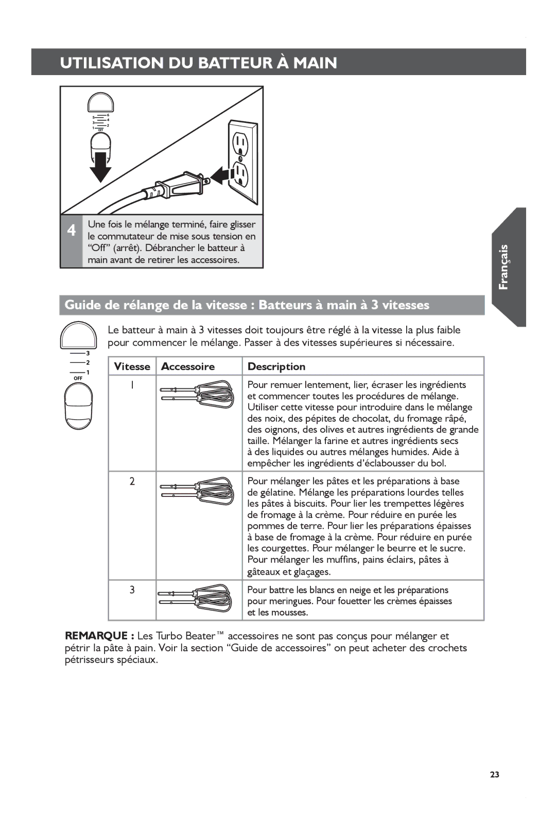 KitchenAid KHM61, KHM51, KHM31 manual Guide de rélange de la vitesse Batteurs à main à 3 vitesses 