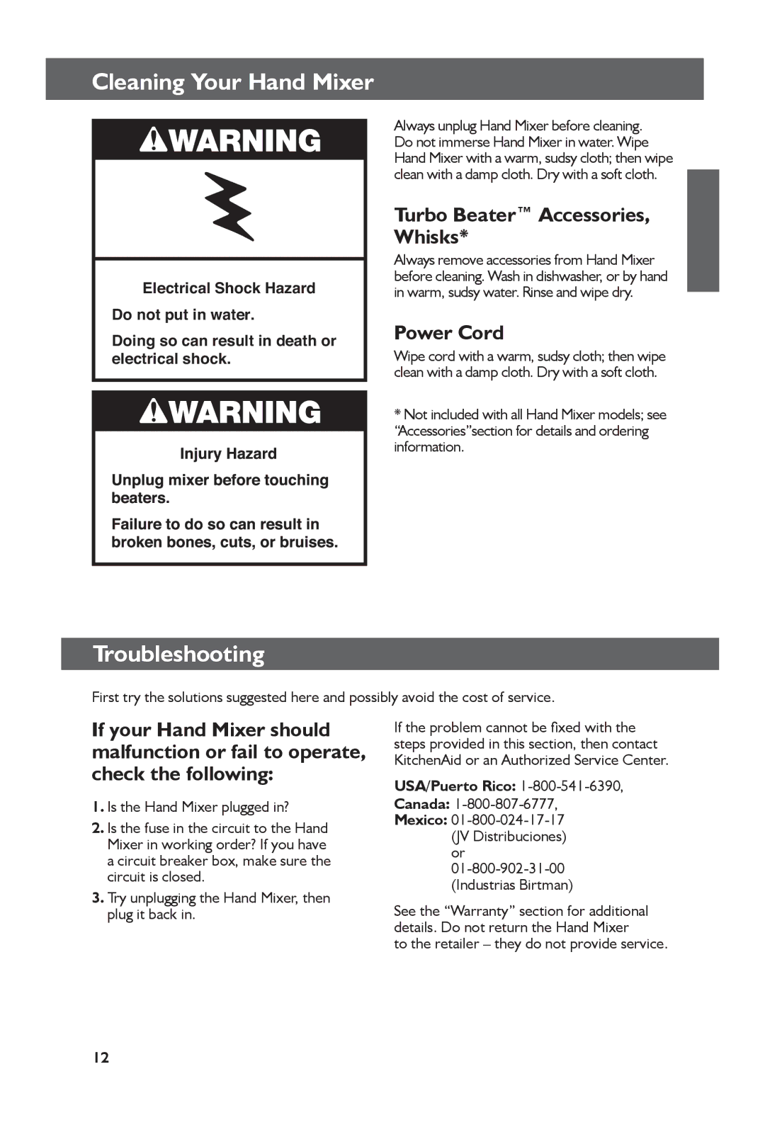 KitchenAid KHM51, KHM61 manual Troubleshooting, Turbo Beater Accessories, Whisks, Power Cord, USA/Puerto Rico 