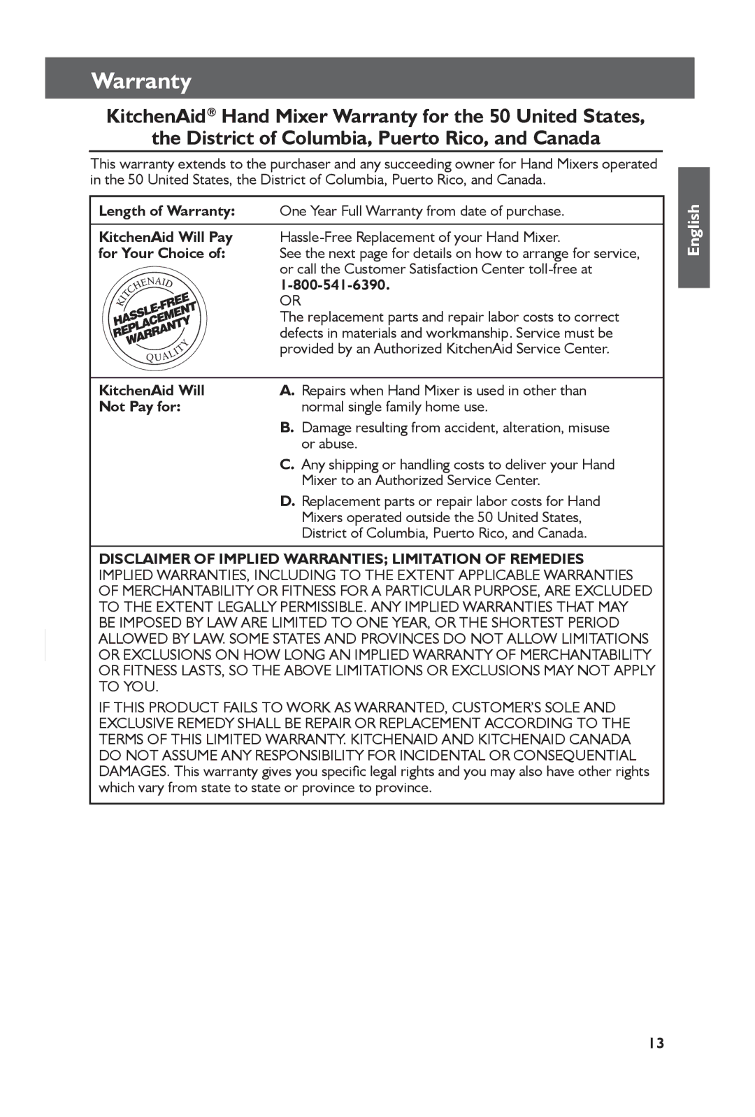 KitchenAid KHM61, KHM51 manual Warranty 