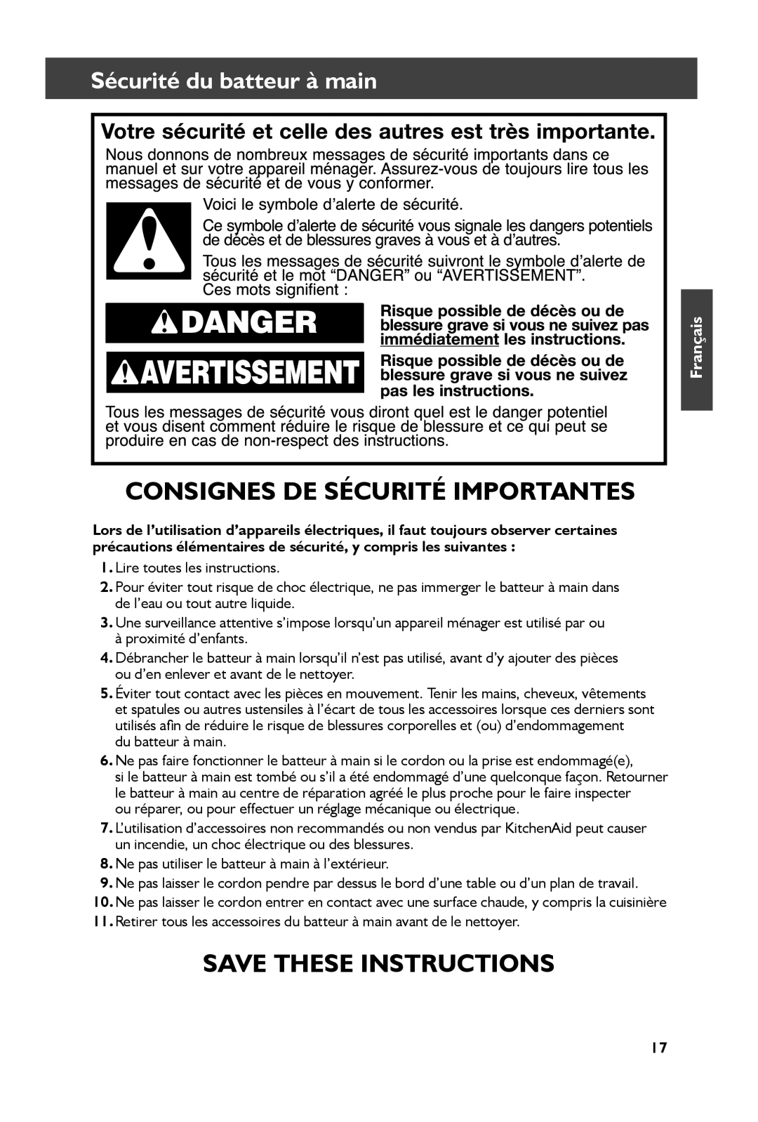 KitchenAid KHM61, KHM51 manual Consignes DE Sécurité Importantes, Sécurité du batteur à main 