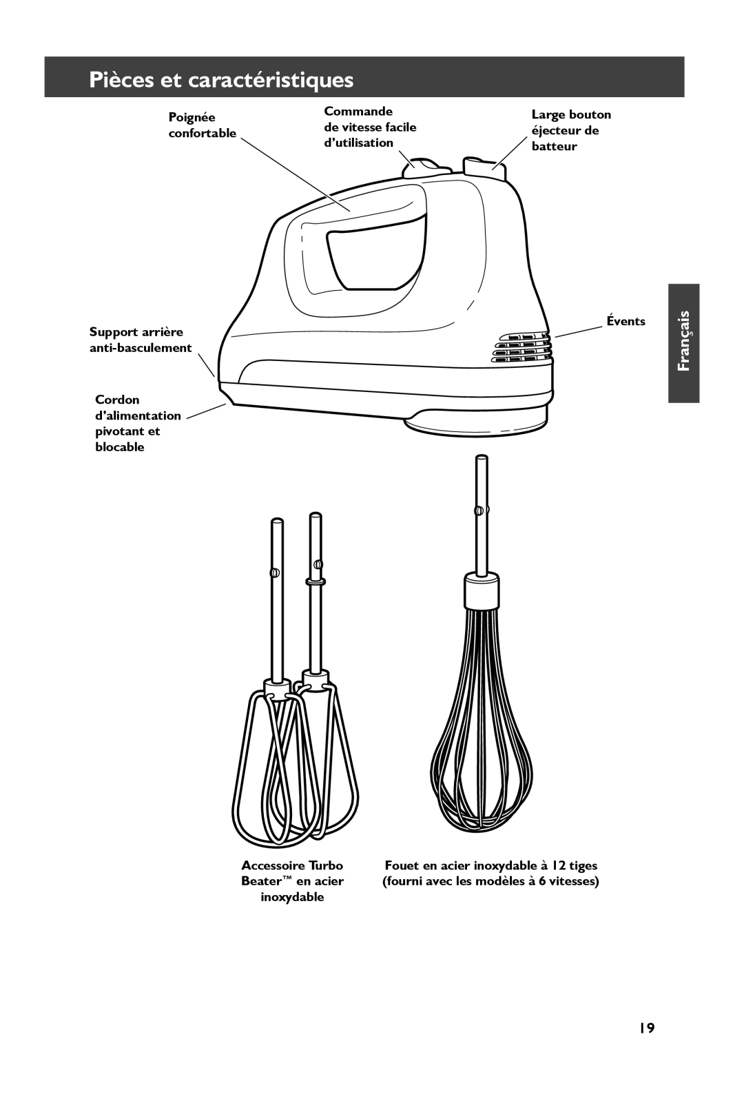 KitchenAid KHM61, KHM51 manual Pièces et caractéristiques, Cordon d’alimentation pivotant et blocable 