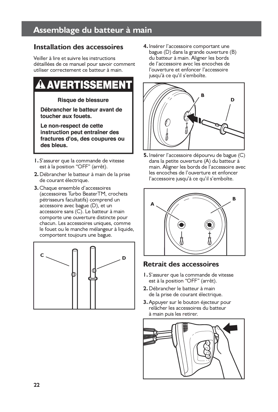 KitchenAid KHM51, KHM61 manual Assemblage du batteur à main, Installation des accessoires, Retrait des accessoires 