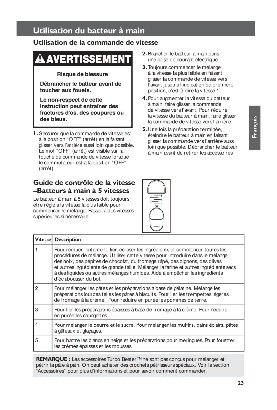 KitchenAid KHM61, KHM51 manual Utilisation du batteur à main, Utilisation de la commande de vitesse 