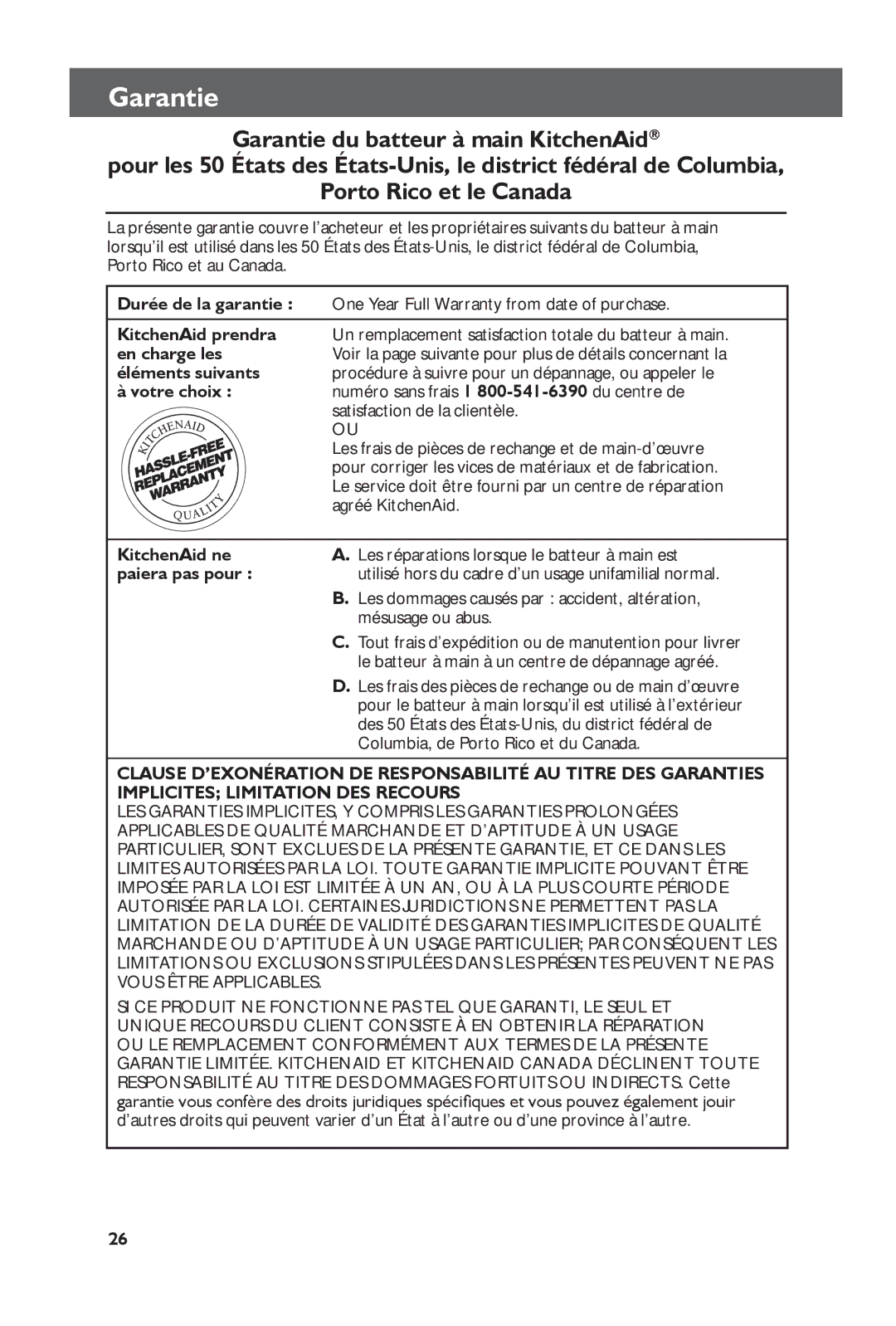 KitchenAid KHM51, KHM61 manual Garantie, KitchenAid ne, Paiera pas pour 