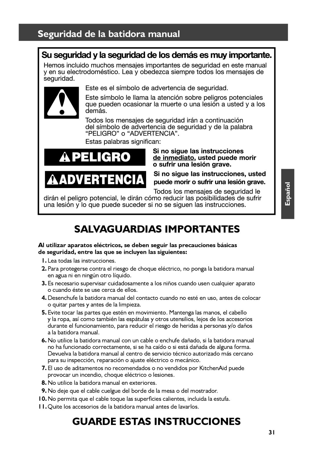 KitchenAid KHM61, KHM51 Salvaguardias Importantes, Seguridad de la batidora manual 