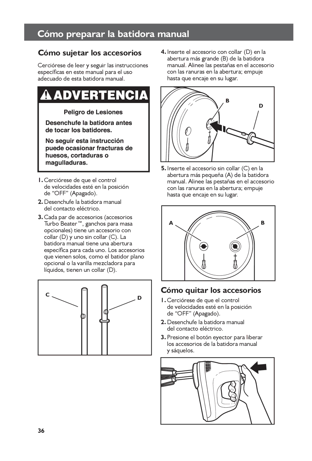 KitchenAid KHM51, KHM61 Cómo preparar la batidora manual, Cómo sujetar los accesorios, Cómo quitar los accesorios 