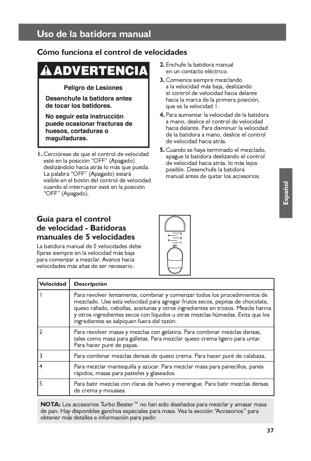 KitchenAid KHM61, KHM51 Uso de la batidora manual, Cómo funciona el control de velocidades, Guía para el control 