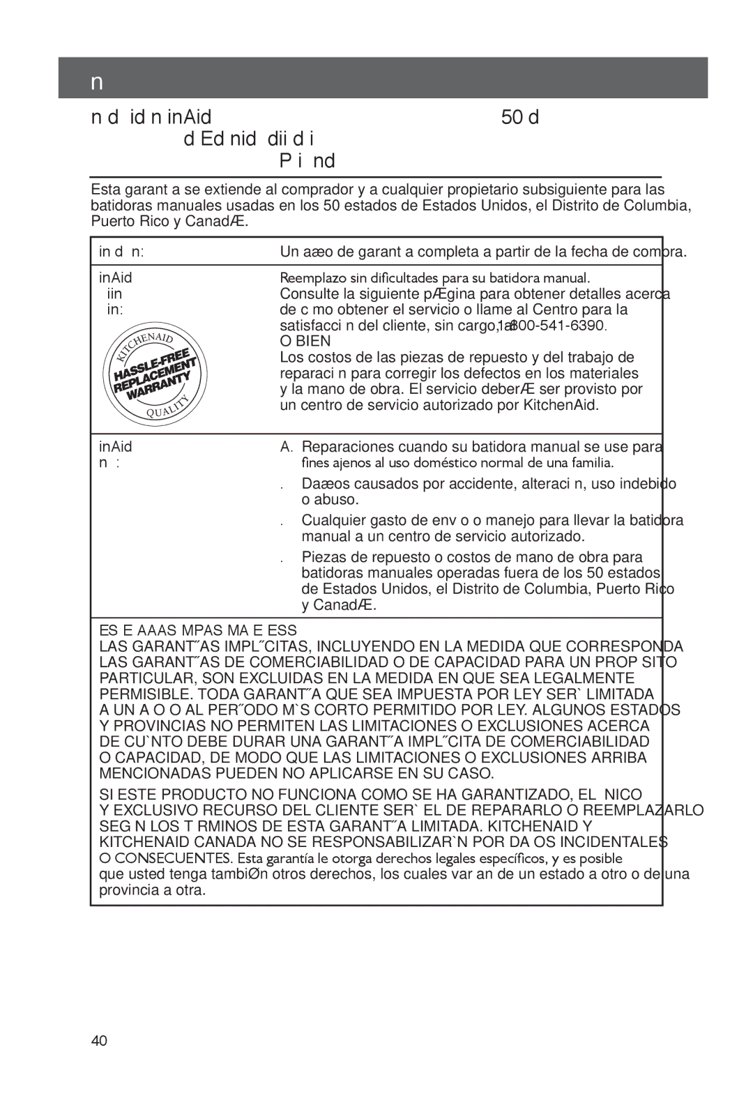 KitchenAid KHM51, KHM61 manual Garantía 