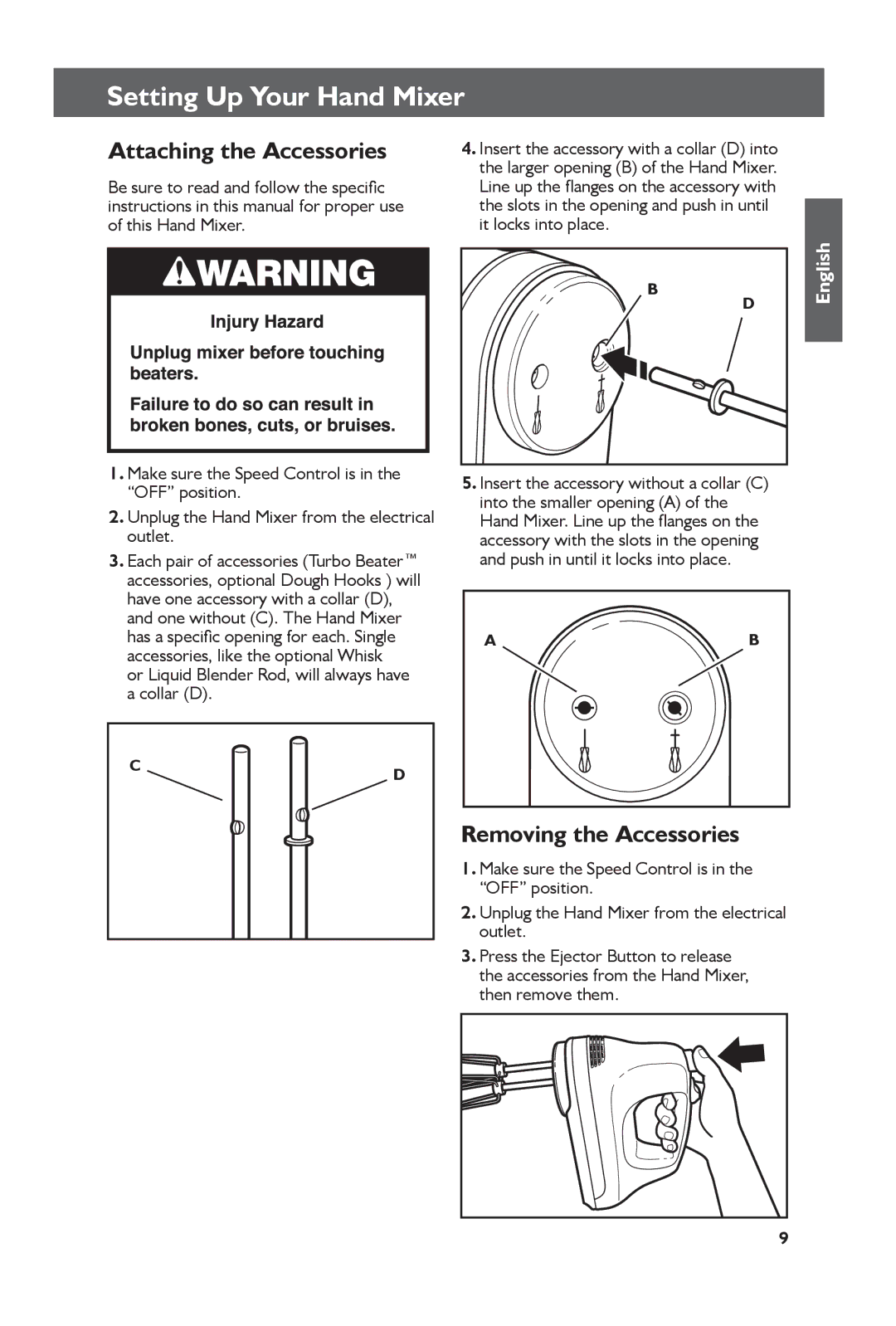 KitchenAid KHM61, KHM51 manual Setting Up Your Hand Mixer, Attaching the Accessories, Removing the Accessories 