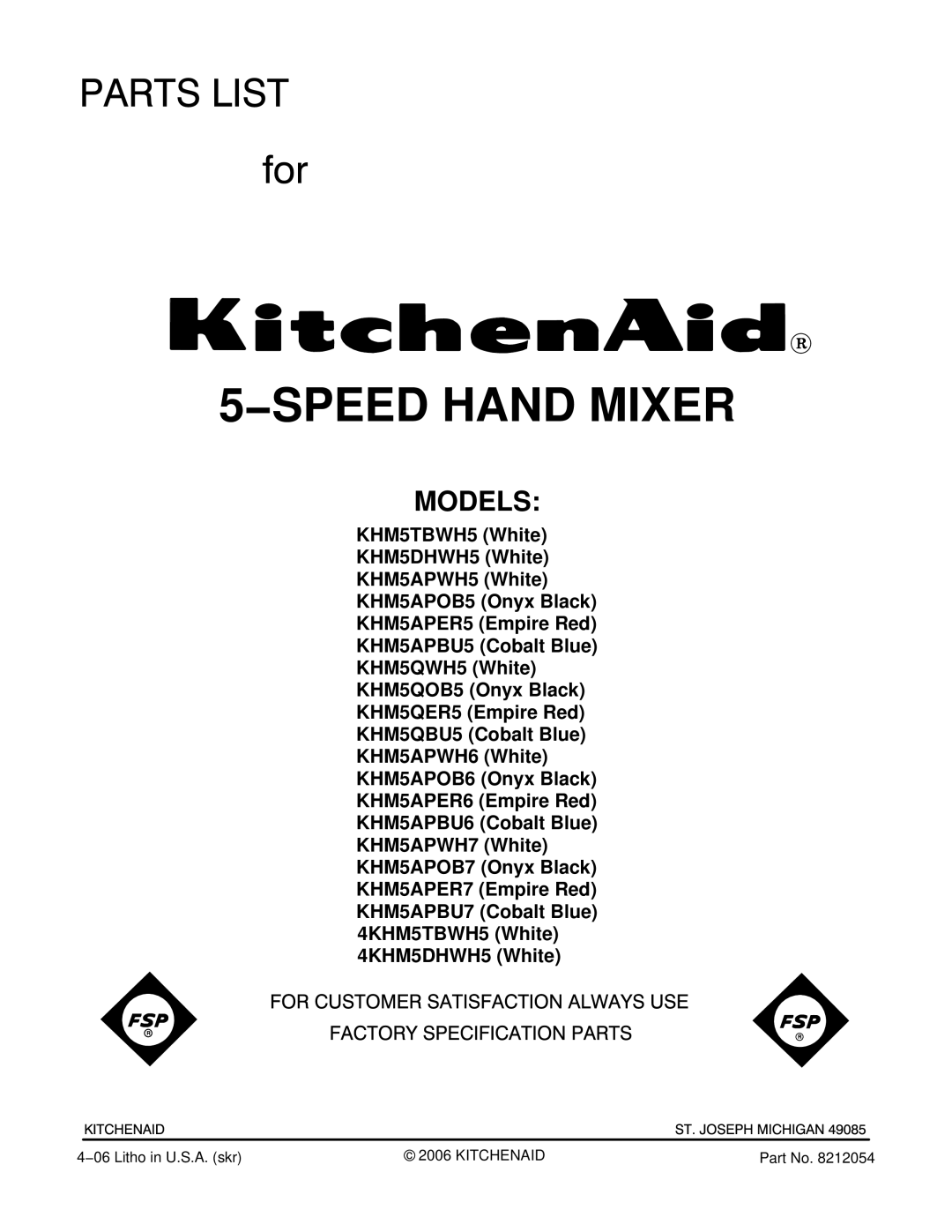 KitchenAid KHM5APBU7, KHM5APBU6, KHM5APBU5, KHM5APWH5, KHM5QOB5, KHM5APER7, KHM5APER6, KHM5APOB5 manual SPEED Hand Mixer, Models 