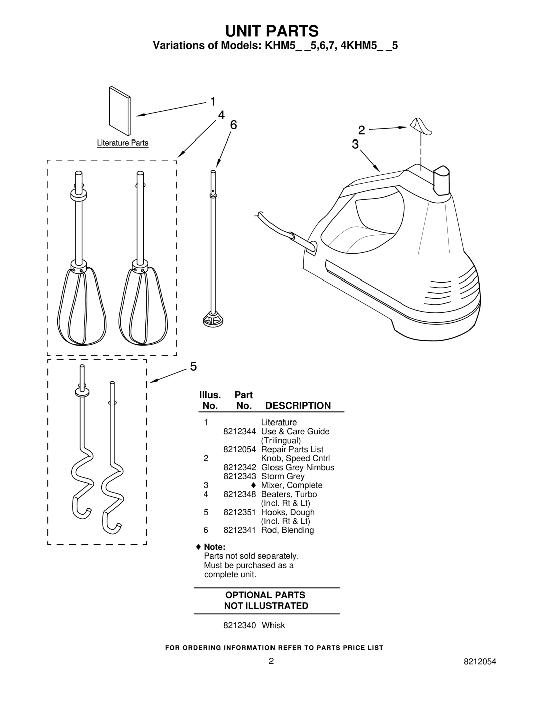 KitchenAid KHM5APBU5, KHM5APBU6 manual Unit Parts, Variations of Models KHM5 5,6,7, 4KHM5, Illus. Part No. No. Description 