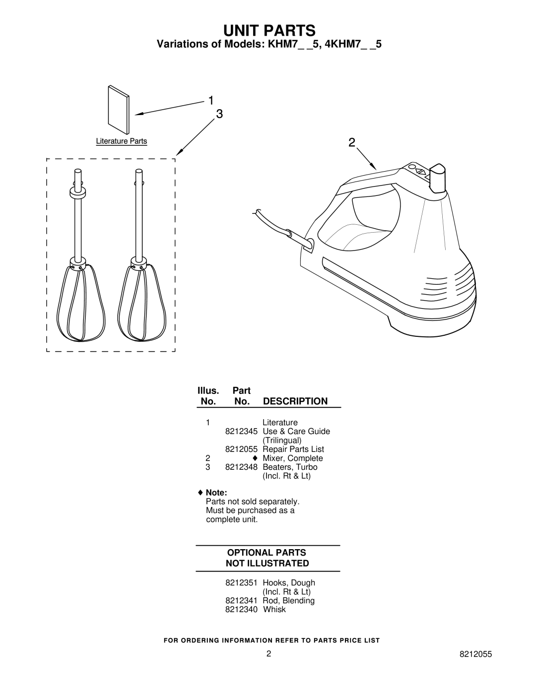 KitchenAid KHM7TPE5, KHM7TOB5, KHM7QBW5 Unit Parts, Variations of Models KHM7 5, 4KHM7, Illus. Part No. No. Description 