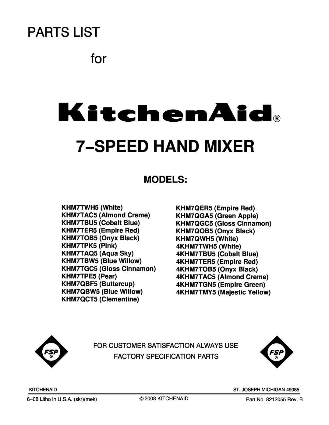 KitchenAid KHM7QBW5, KHM7TOB5, KHM7TPE5, KHM7QBF5, KHM7TGC5, KHM7TER5, KHM7QWH5, KHM7TAC5 manual Models, 7−SPEED HAND MIXER 