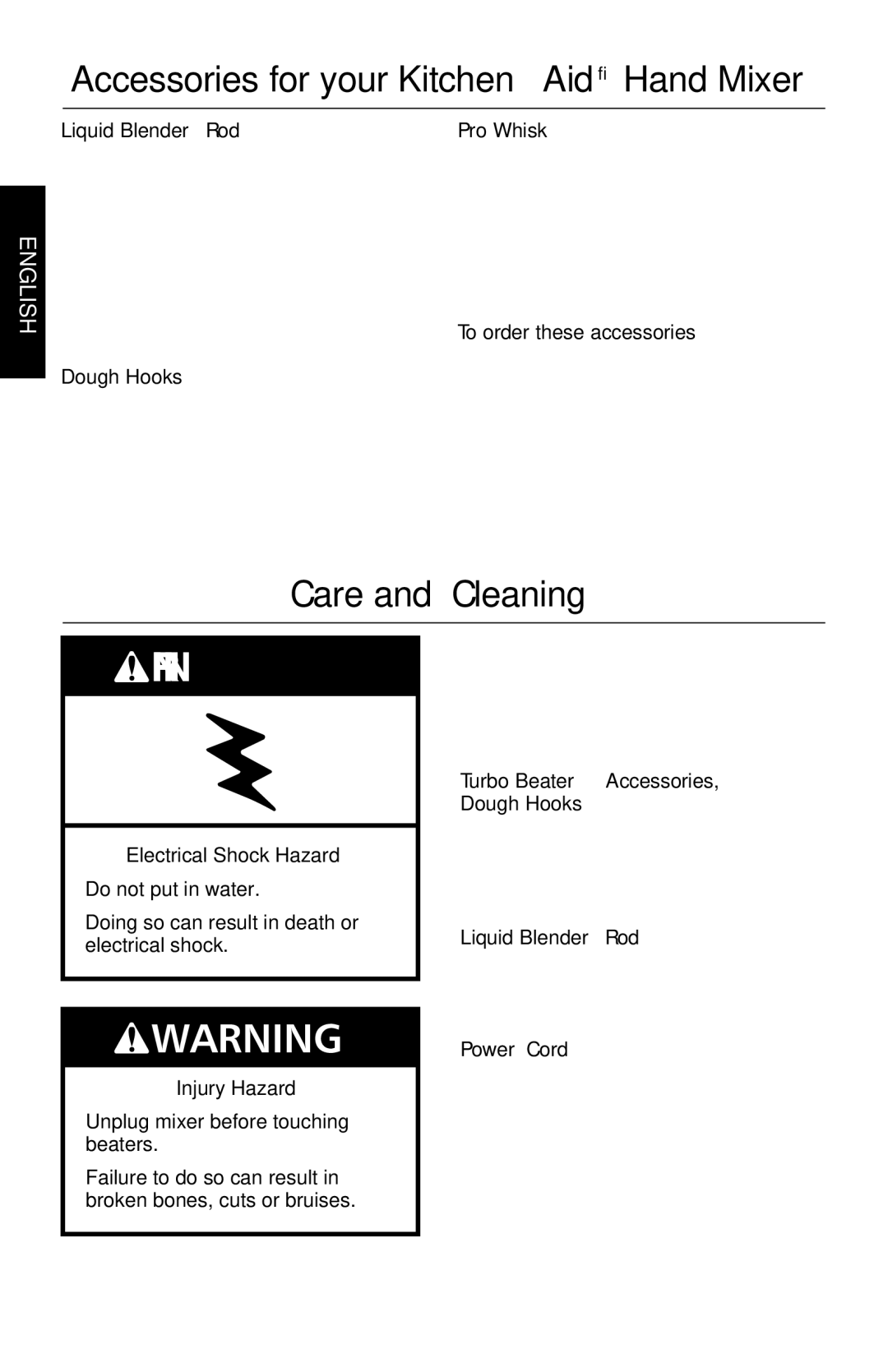 KitchenAid KHM9, KHM7T manual Accessories for your KitchenAid Hand Mixer, Care and Cleaning 