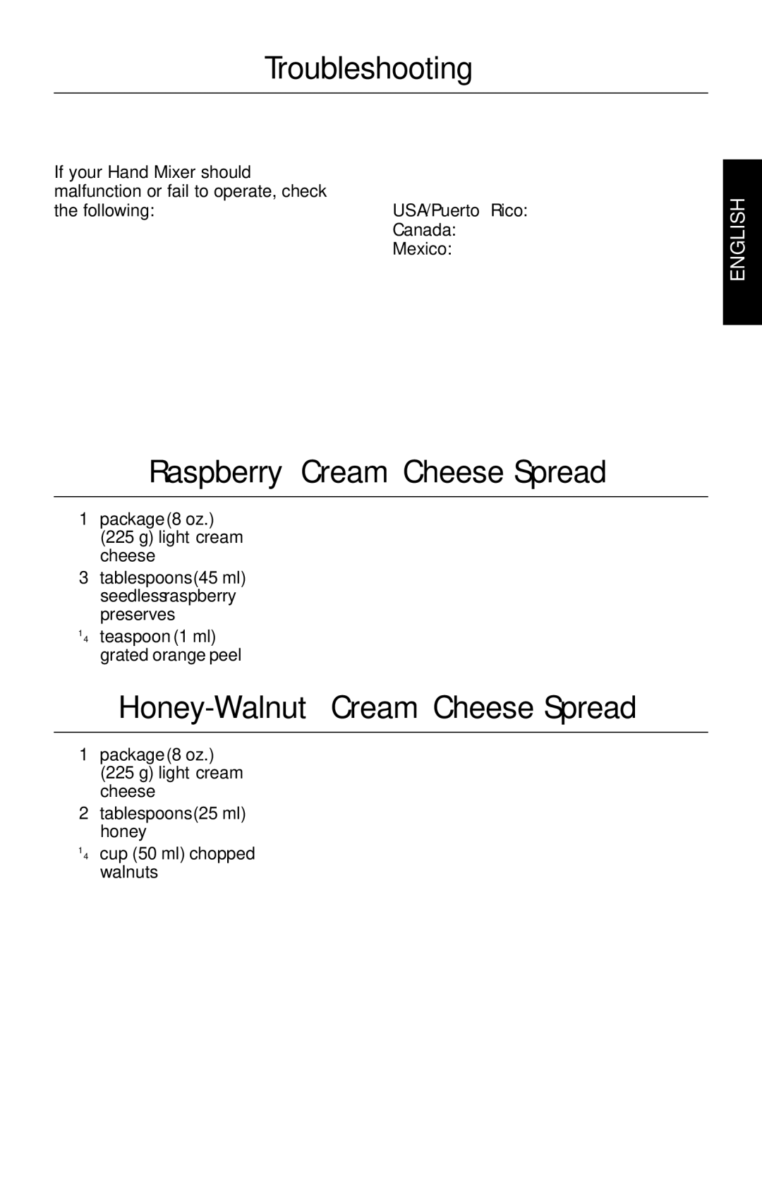 KitchenAid KHM7T, KHM9 Troubleshooting, Raspberry Cream Cheese Spread, Honey-Walnut Cream Cheese Spread, USA/Puerto Rico 