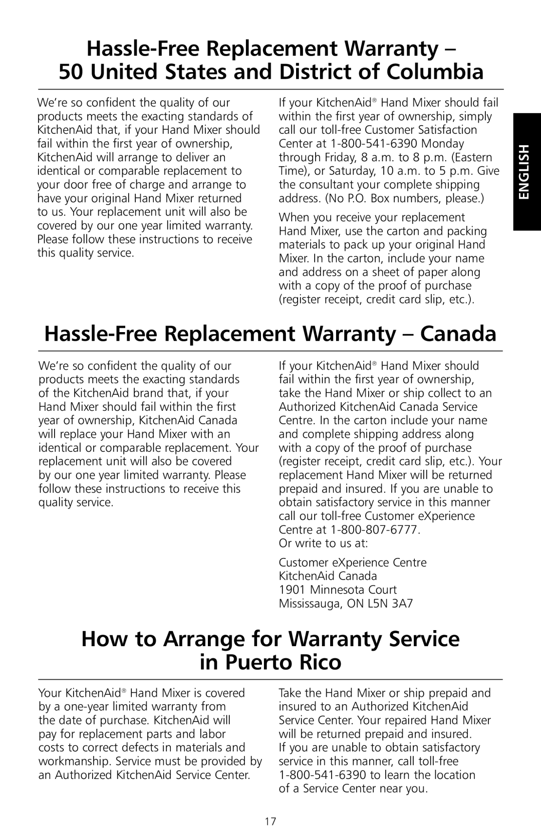 KitchenAid KHM7T, KHM9 manual Hassle-Free Replacement Warranty Canada, How to Arrange for Warranty Service Puerto Rico 