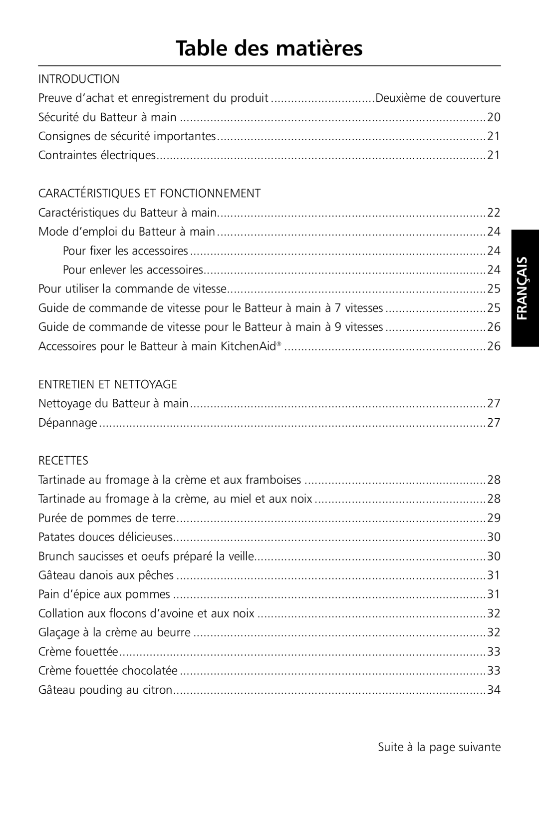 KitchenAid KHM7T, KHM9 manual Table des matières, Accessoires pour le Batteur à main KitchenAid, Suite à la page suivante 