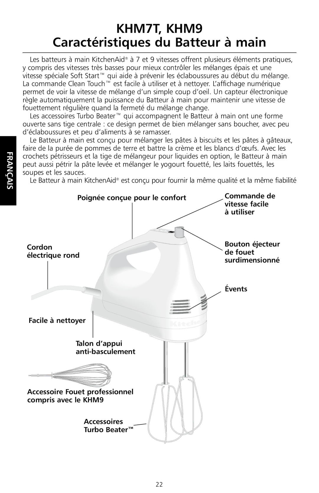 KitchenAid KHM9, KHM7T manual Caractéristiques du Batteur à main 