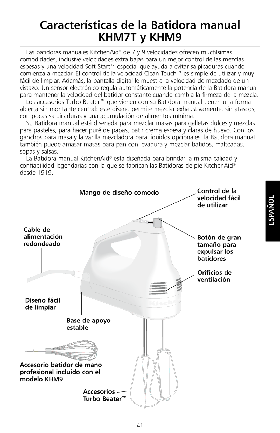 KitchenAid Características de la Batidora manual KHM7T y KHM9 