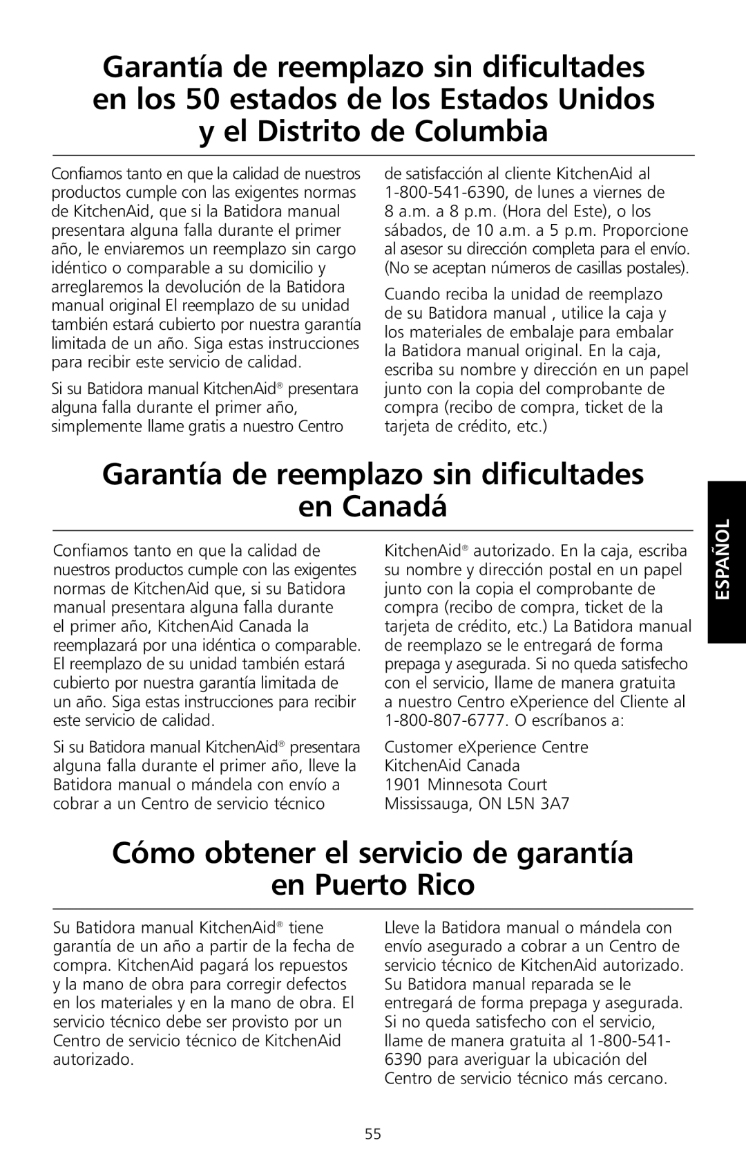 KitchenAid KHM7T Garantía de reemplazo sin dificultades En Canadá, Cómo obtener el servicio de garantía En Puerto Rico 