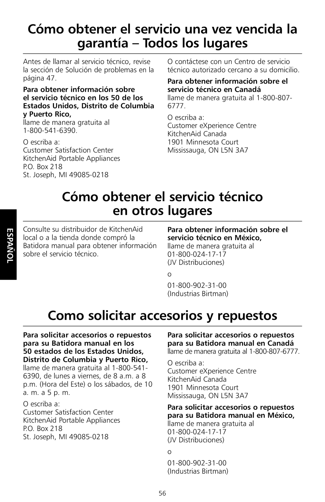 KitchenAid KHM9, KHM7T manual Cómo obtener el servicio técnico En otros lugares, Como solicitar accesorios y repuestos 