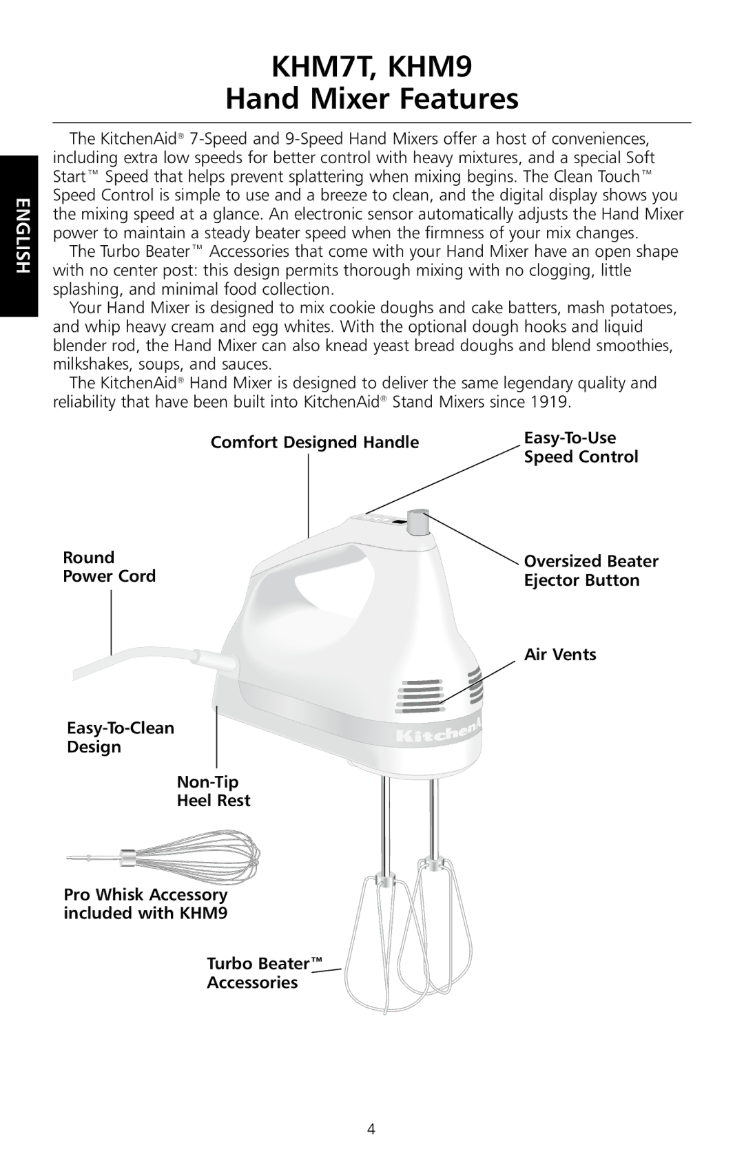 KitchenAid manual KHM7T, KHM9, Hand Mixer Features 