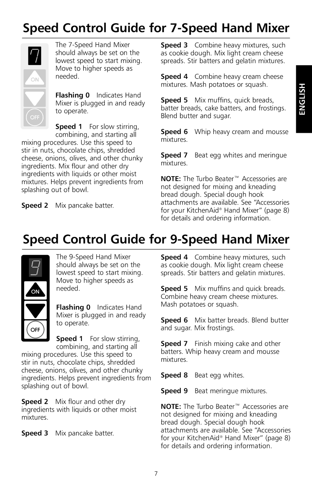 KitchenAid KHM7T, KHM9 manual Speed Control Guide for 7-Speed Hand Mixer, Speed Control Guide for 9-Speed Hand Mixer 