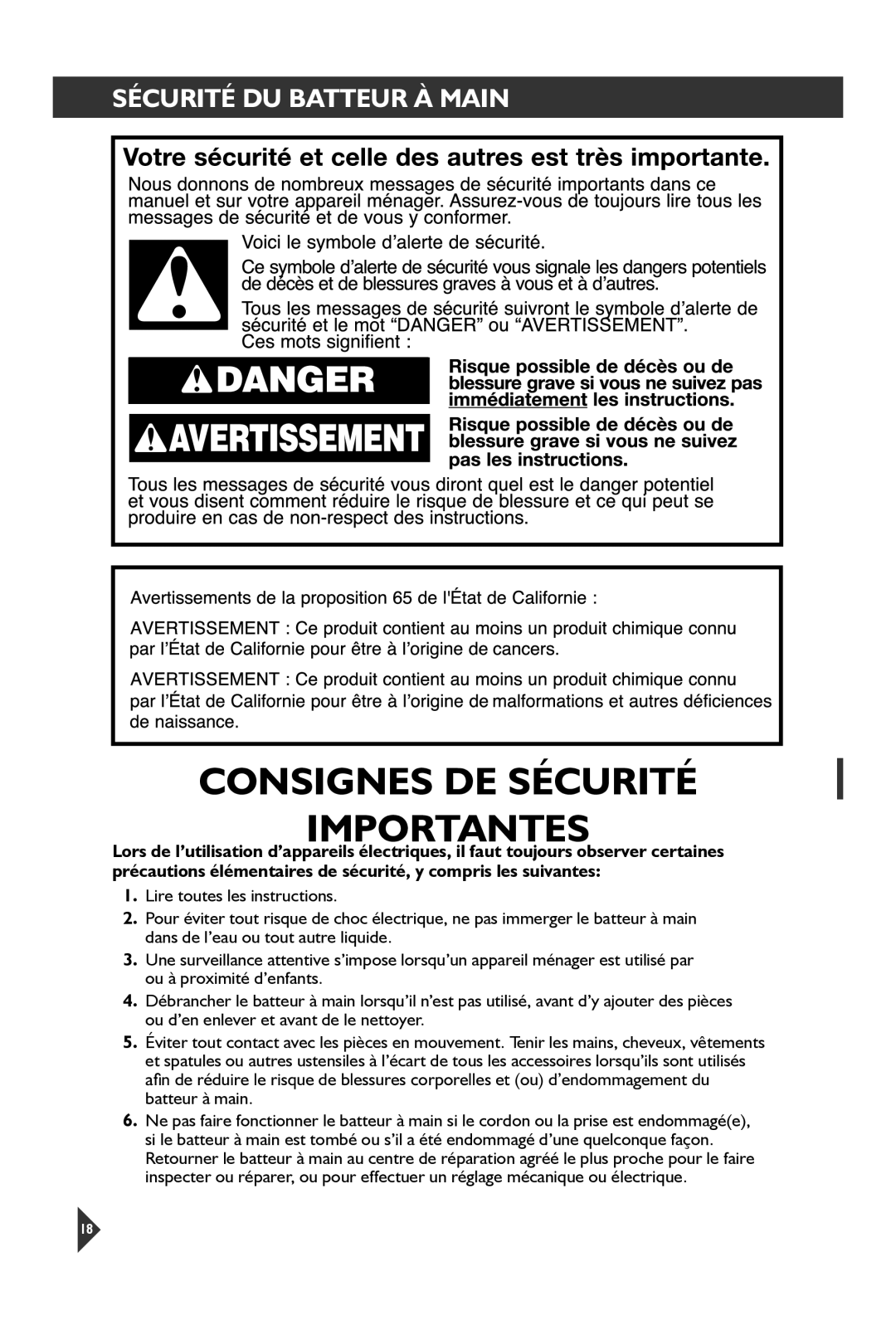 KitchenAid KHM92, KHM72 manual Consignes DE Sécurité Importantes, Sécurité DU Batteur À Main 