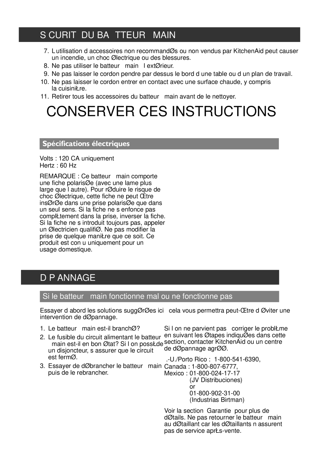 KitchenAid KHM72, KHM92 Dépannage, Spécifications électriques, Si le batteur à main fonctionne mal ou ne fonctionne pas 