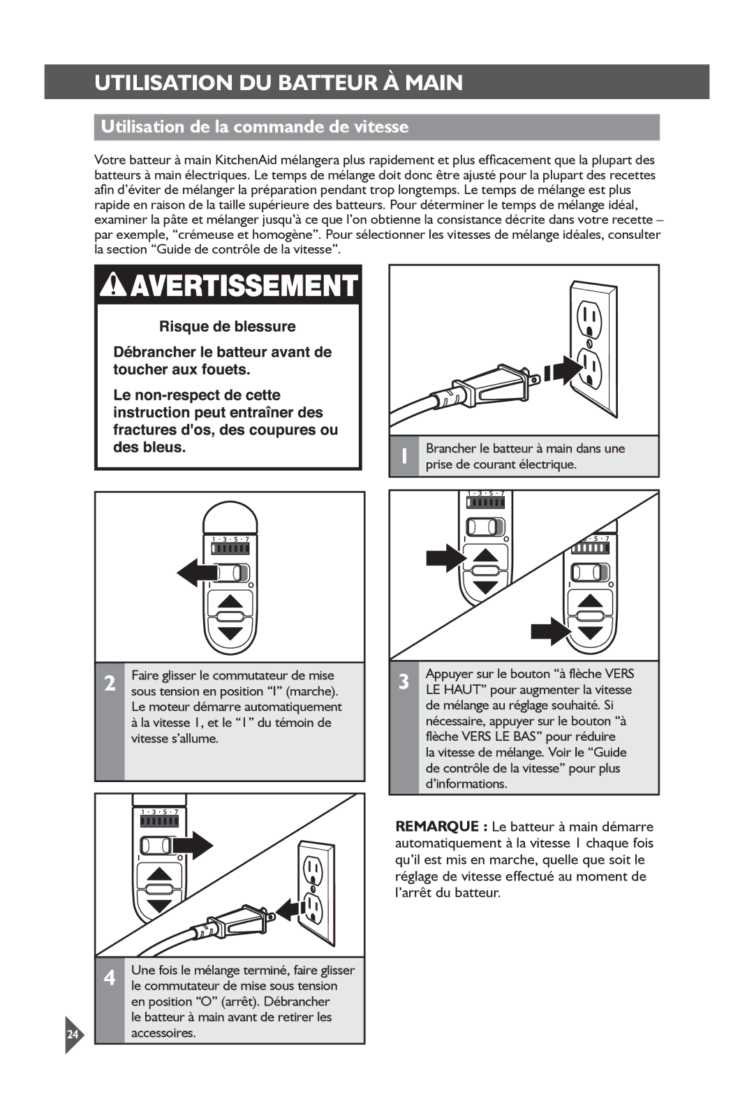 KitchenAid KHM92 Utilisation DU Batteur À Main, Utilisation de la commande de vitesse, Le commutateur de mise sous tension 