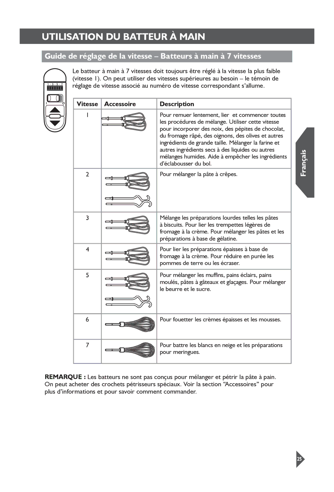 KitchenAid KHM72, KHM92 manual Guide de réglage de la vitesse Batteurs à main à 7 vitesses 