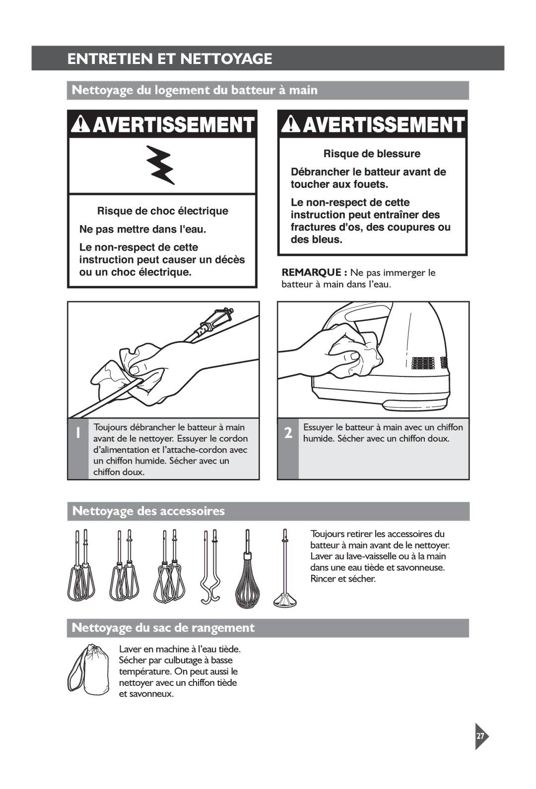 KitchenAid KHM72, KHM92 manual Entretien ET Nettoyage, Nettoyage du logement du batteur à main, Nettoyage des accessoires 