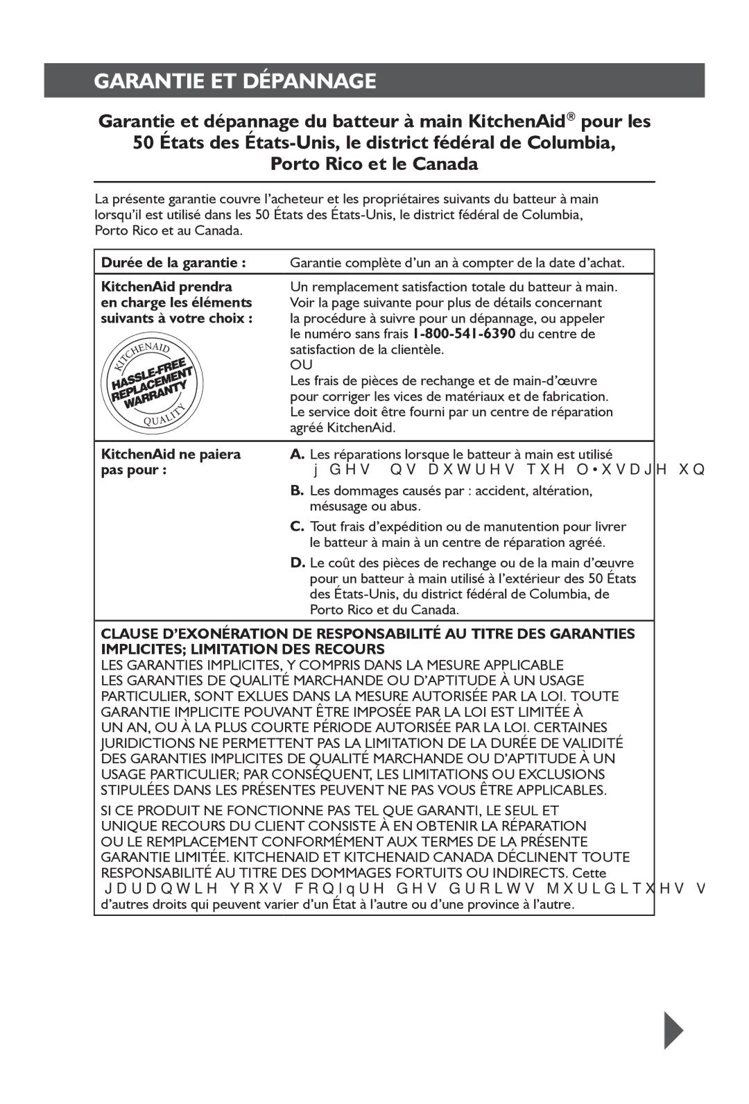 KitchenAid KHM92, KHM72 manual Garantie ET Dépannage 