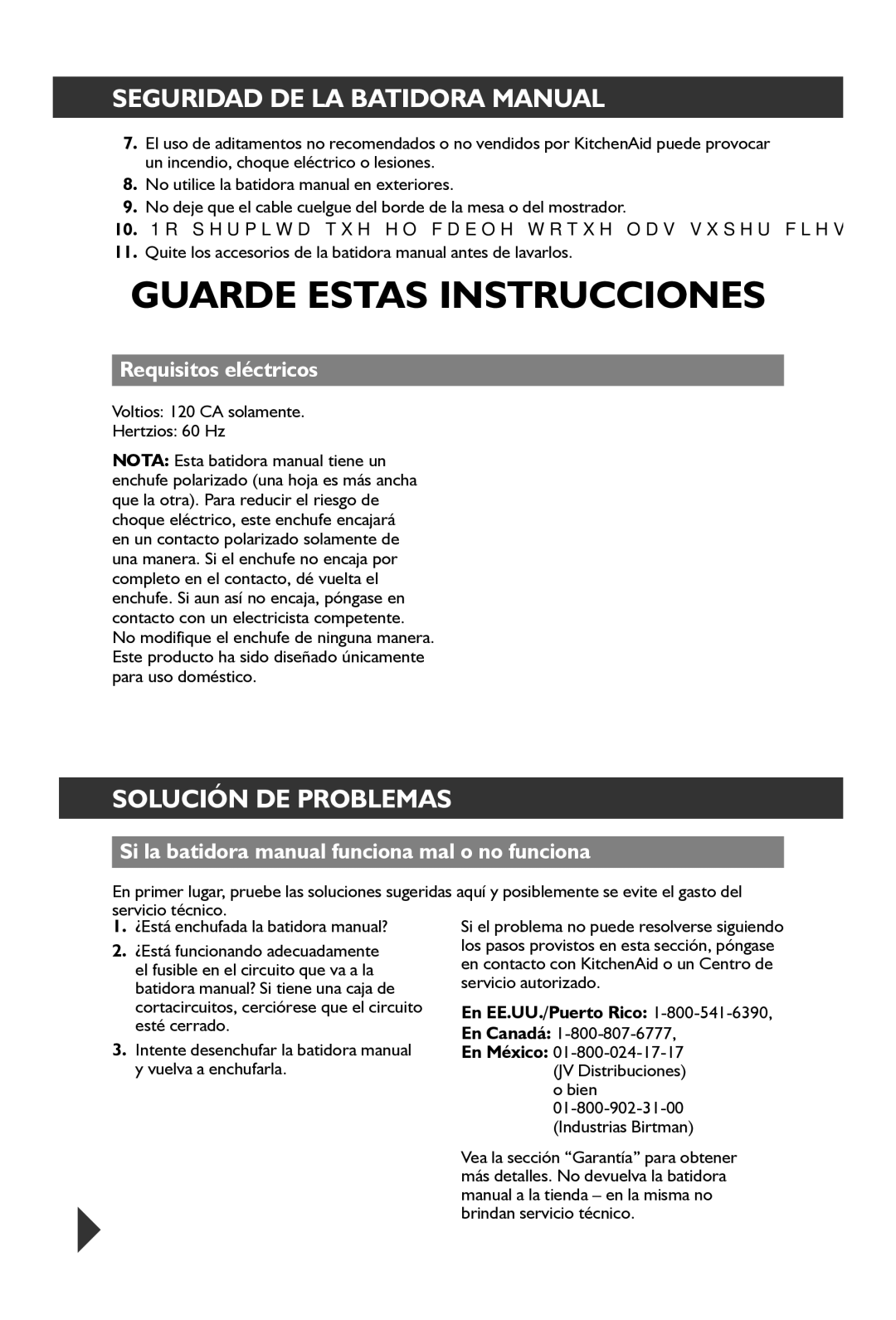 KitchenAid KHM72, KHM92 Solución DE Problemas, Requisitos eléctricos, Si la batidora manual funciona mal o no funciona 