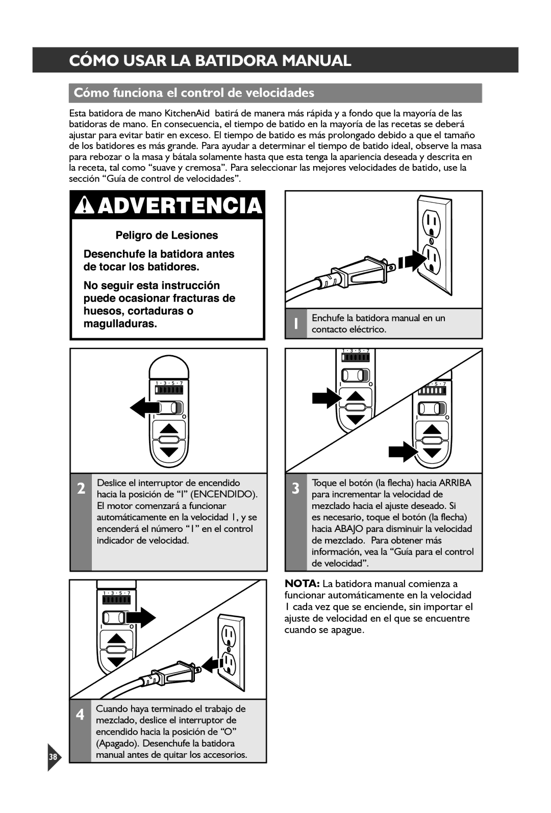 KitchenAid KHM92, KHM72 manual Cómo Usar LA Batidora Manual, Cómo funciona el control de velocidades 