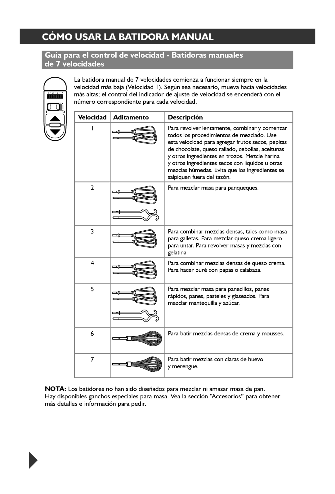 KitchenAid KHM72, KHM92 manual Velocidad Aditamento Descripción 