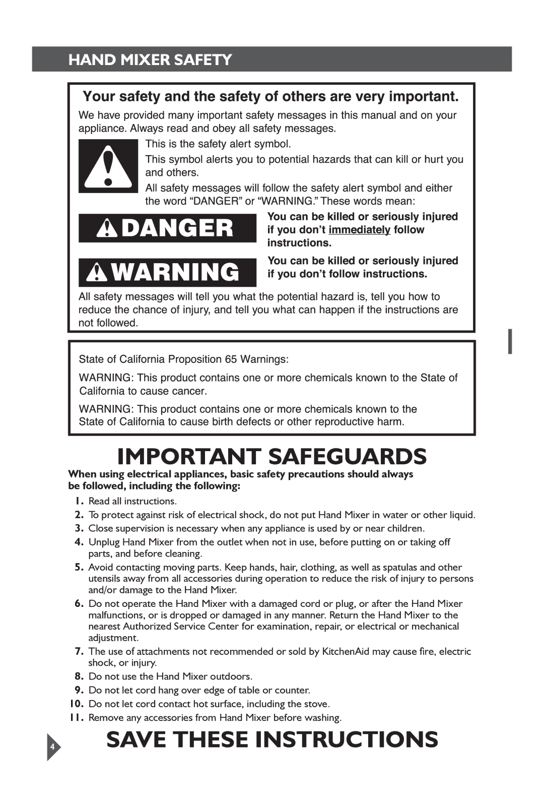 KitchenAid KHM92, KHM72 manual Important Safeguards, Hand Mixer Safety 