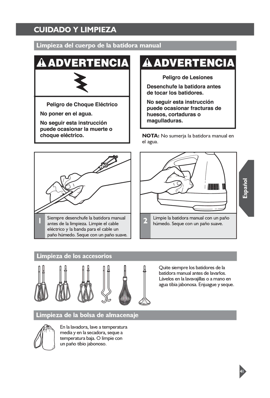 KitchenAid KHM72, KHM92 Cuidado Y Limpieza, Limpieza del cuerpo de la batidora manual, Limpieza de los accesorios 