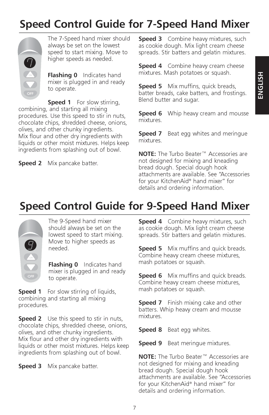 KitchenAid KHM920, KHM720 manual Speed Control Guide for 7-Speed Hand Mixer, Speed Control Guide for 9-Speed Hand Mixer 