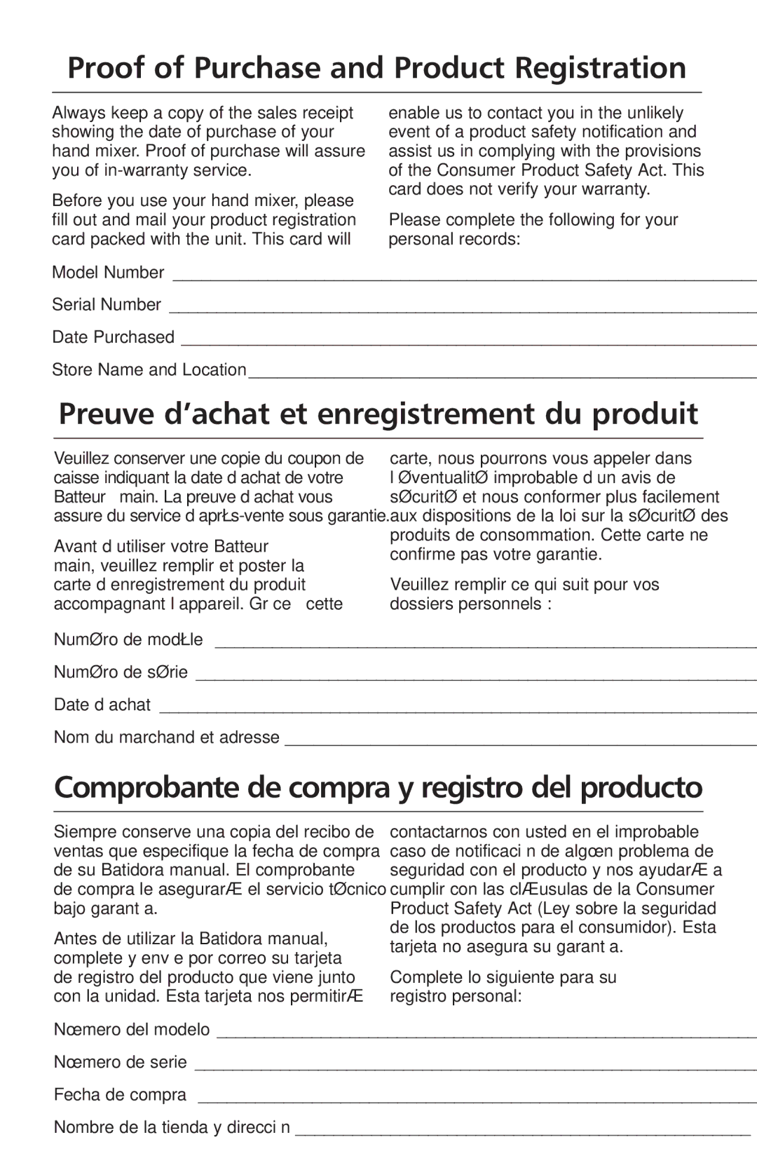 KitchenAid KHM920, KHM720 manual Proof of Purchase and Product Registration, Preuve d’achat et enregistrement du produit 