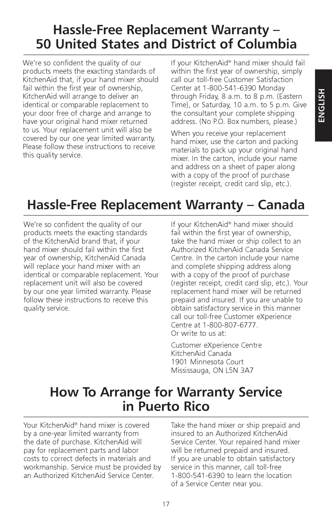 KitchenAid KHM920, KHM720 manual Hassle-Free Replacement Warranty Canada, How To Arrange for Warranty Service Puerto Rico 