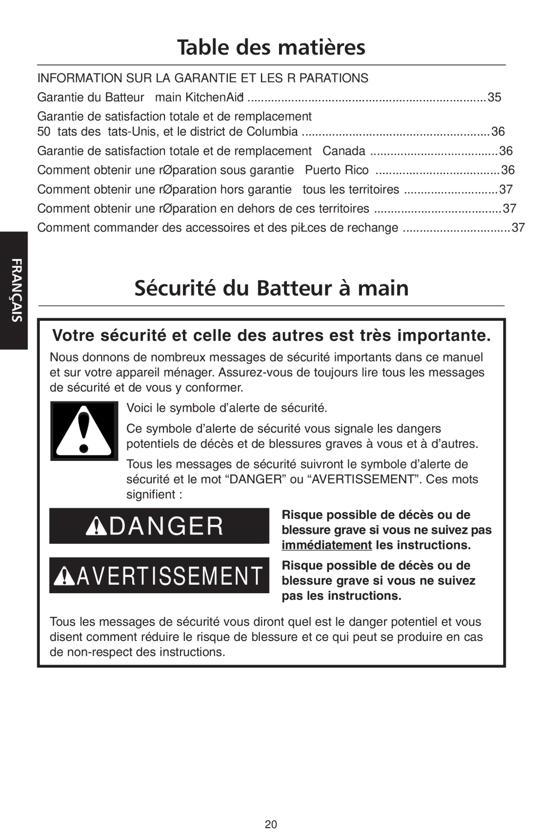 KitchenAid KHM720, KHM920 manual Sécurité du Batteur à main, Information SUR LA Garantie ET LES Réparations 