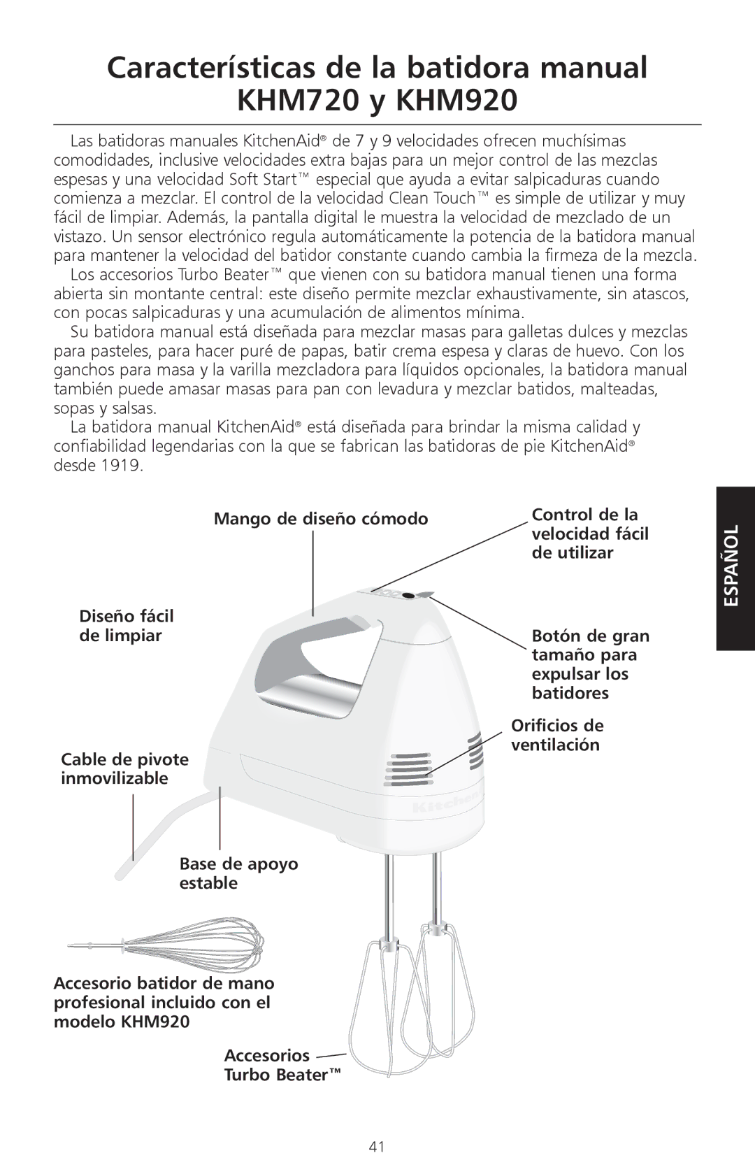 KitchenAid Características de la batidora manual KHM720 y KHM920 