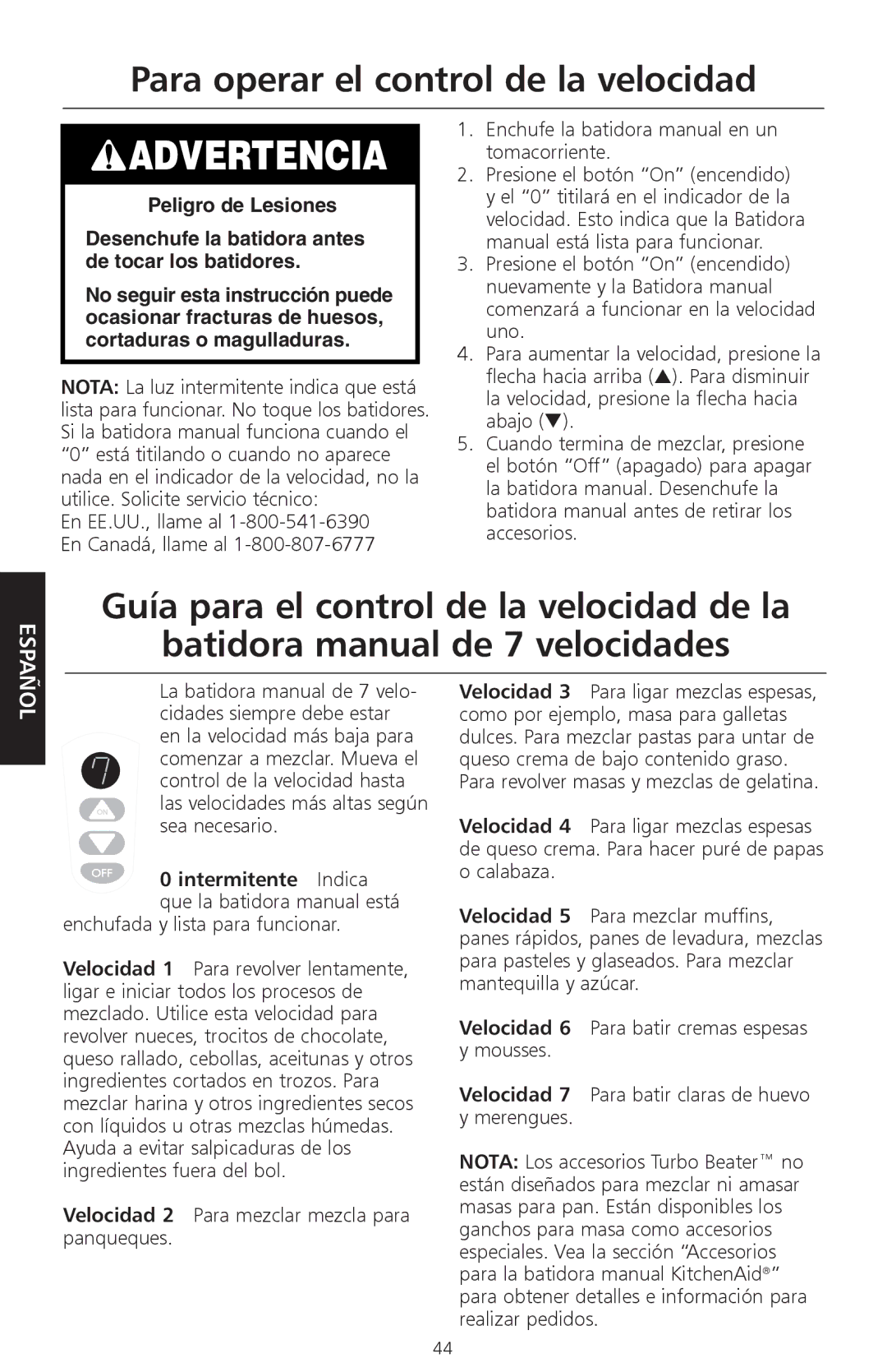 KitchenAid KHM720, KHM920 Para operar el control de la velocidad, Enchufe la batidora manual en un tomacorriente 