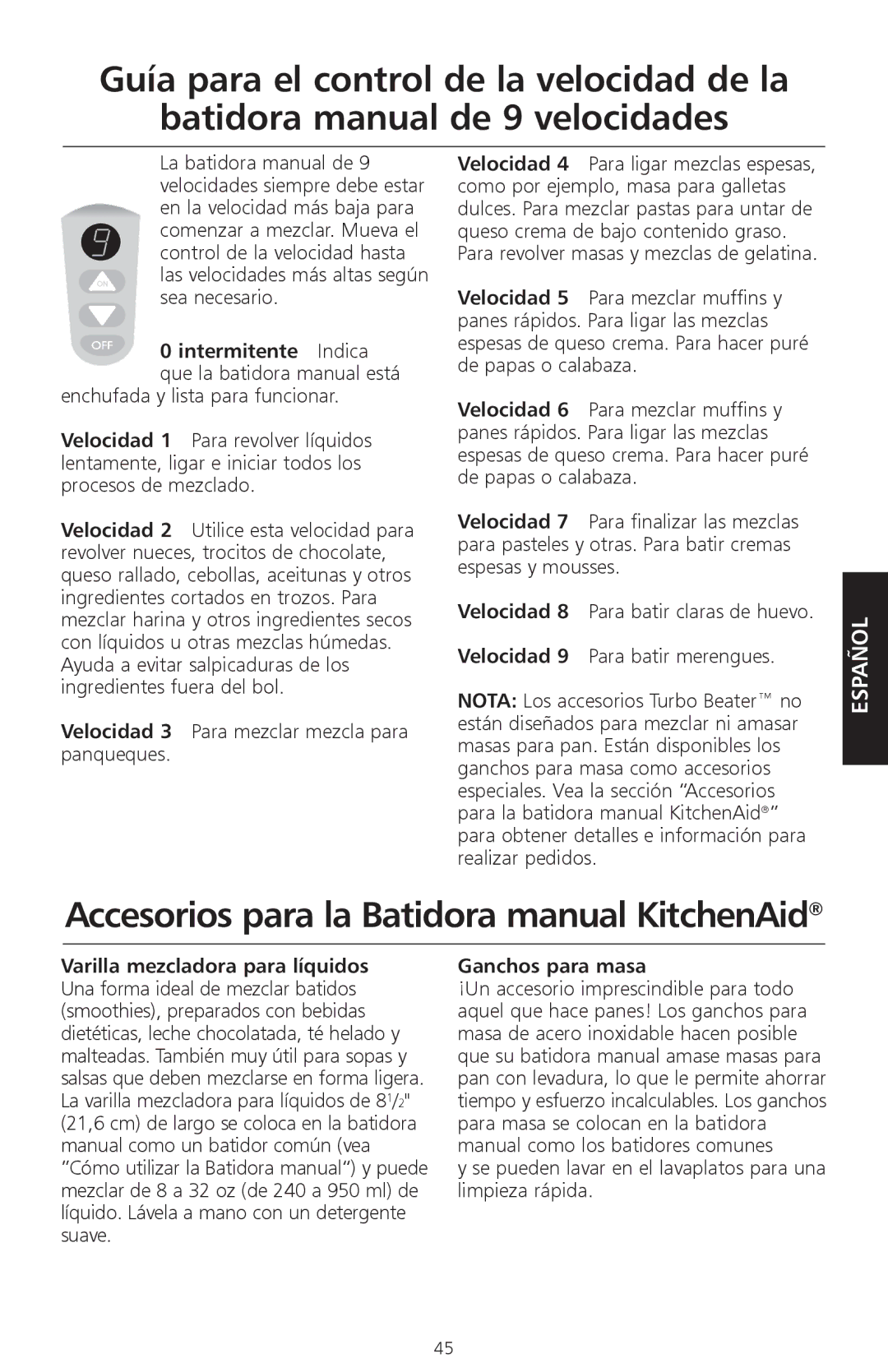 KitchenAid KHM920, KHM720 Accesorios para la Batidora manual KitchenAid, Velocidad 3 Para mezclar mezcla para panqueques 